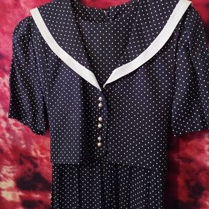 Vintage Navy Polka Dot Dress with White Trim